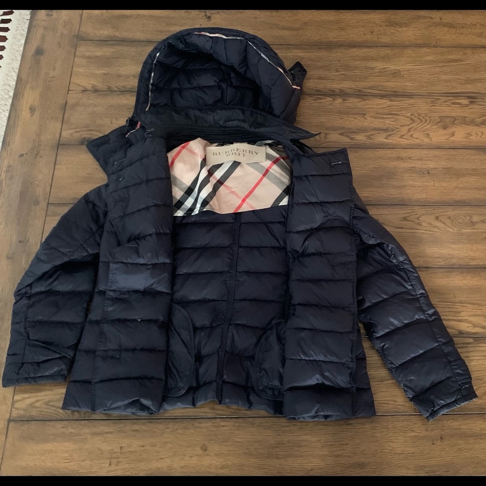 Burberry Down Quilted Jacket Belted Hood Navy